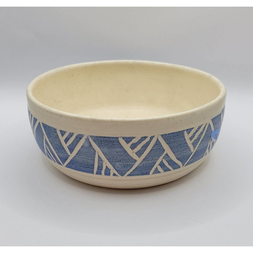 Studio Pottery Blue & White Geometric Pattern Signed 7" Ceramic Bowl
